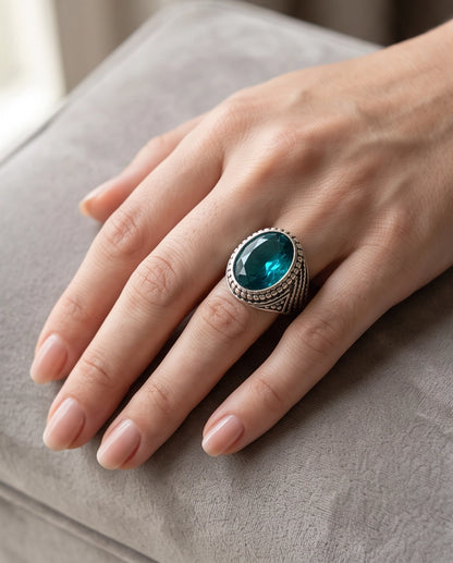 Aquamarine Gemstone Beaded Frame Wave Silver Ring