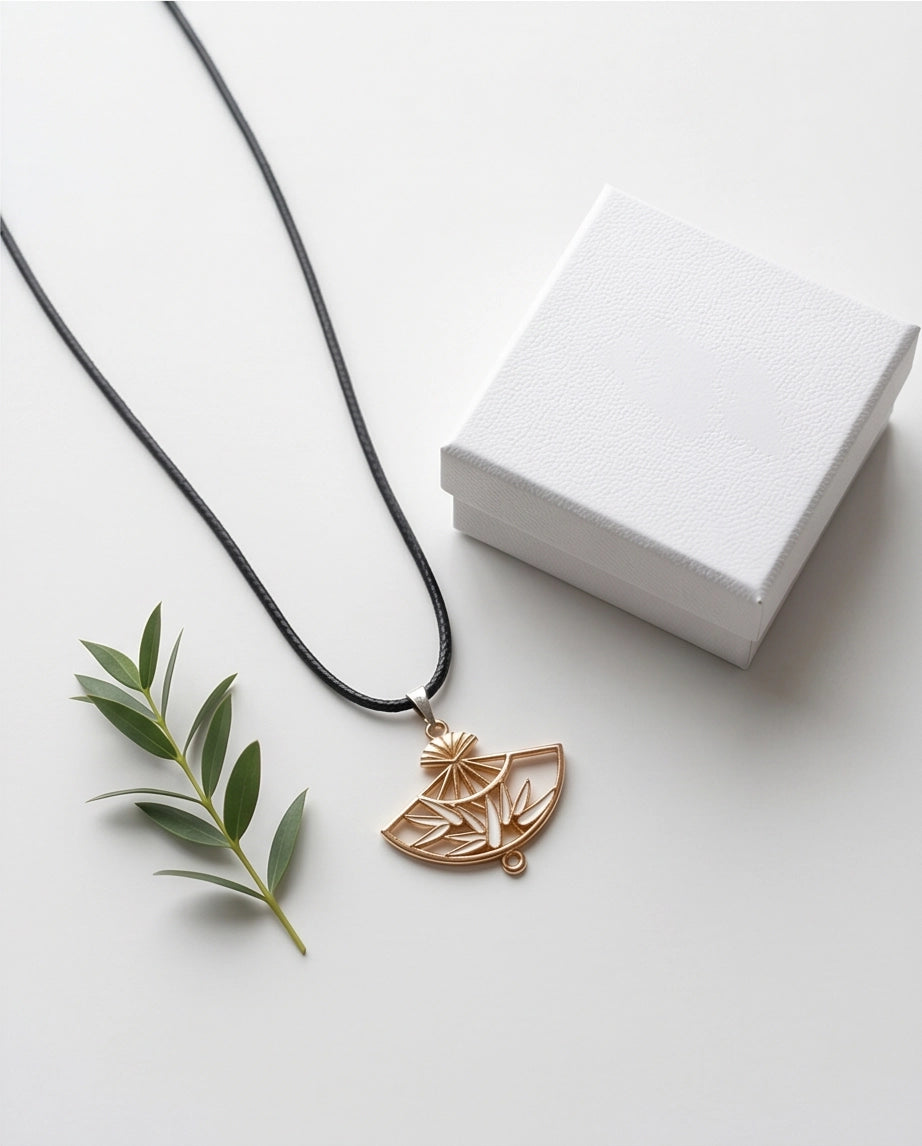 White Leaf Bamboo Fan Pendant Necklace