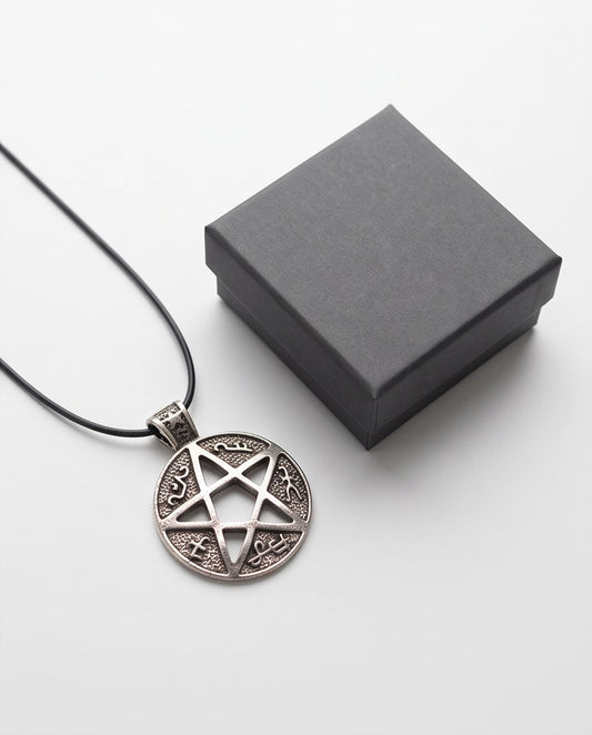 Antique Silver Pentagram Medallion Cord Necklace