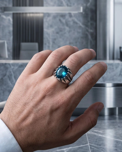 Oxidized Silver Oval Aqua Blue Claw Signet Ring