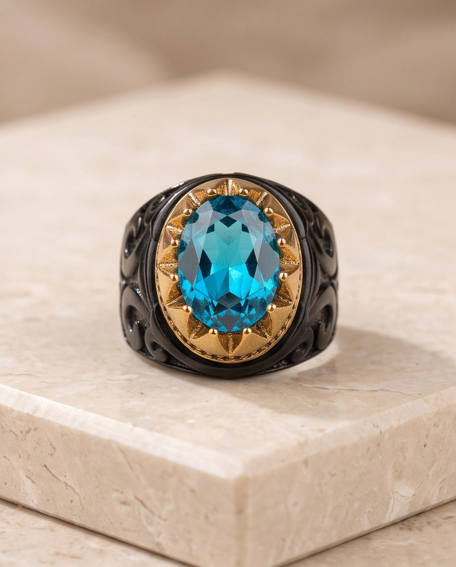 Celestial Aquamarine Sunburst Signet Ring