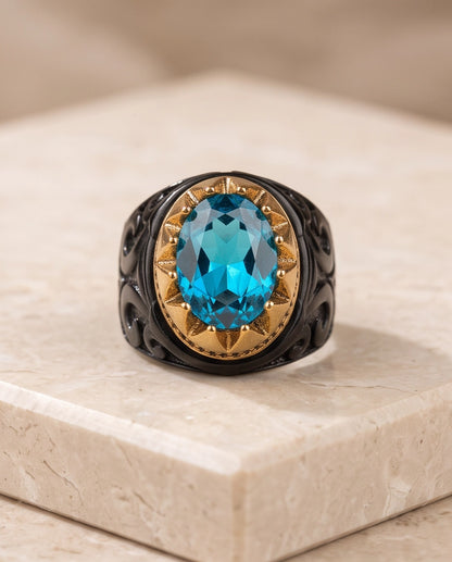 Celestial Aquamarine Sunburst Signet Ring