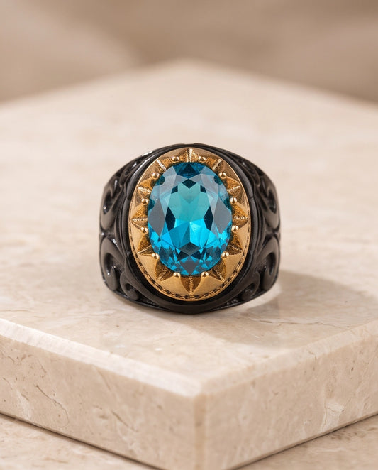 Celestial Aquamarine Sunburst Signet Ring
