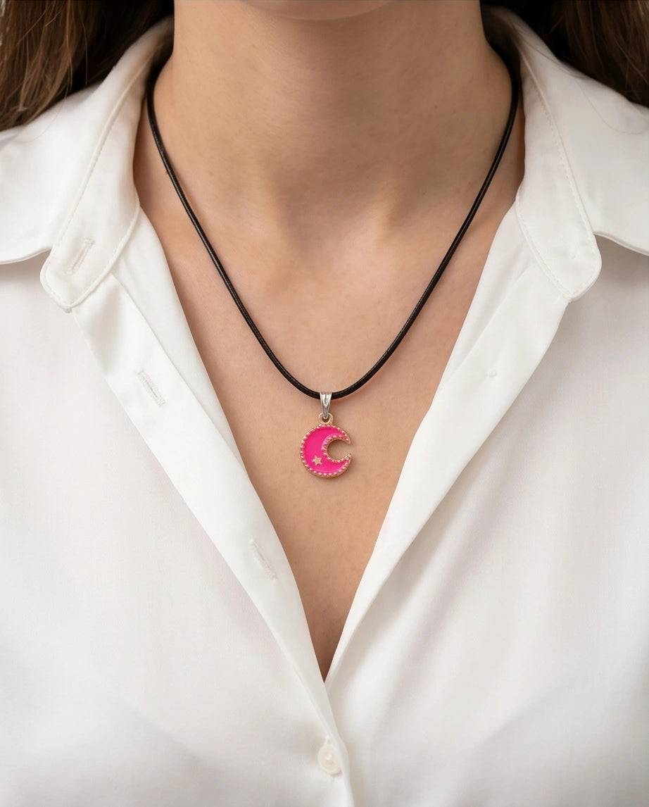 Gold and Pink Celestial Crescent Moon Necklace