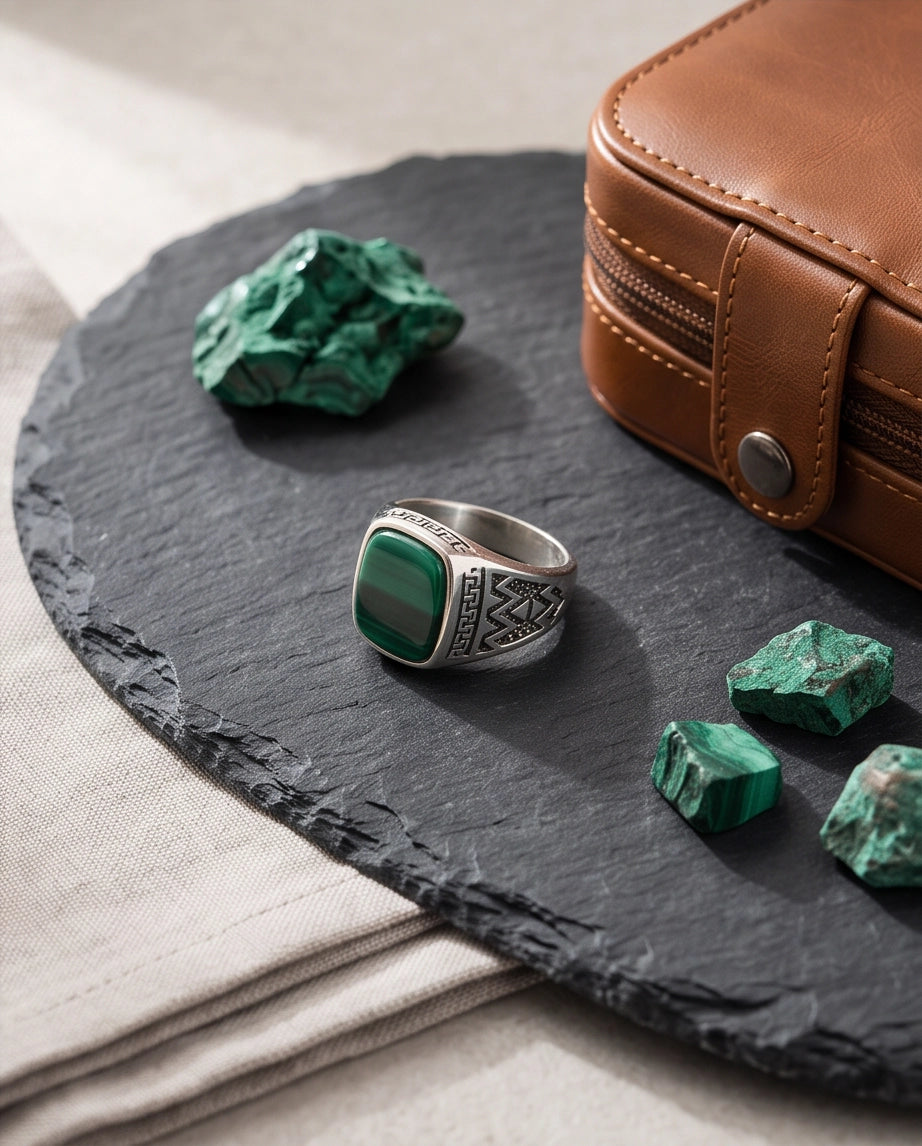 Green Agate Cushion Cabochon Greek Key Zigzag Silver Ring