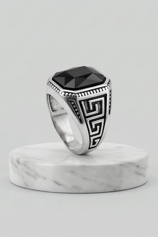 Vintage Greek Key Black Onyx Gemstone Ring