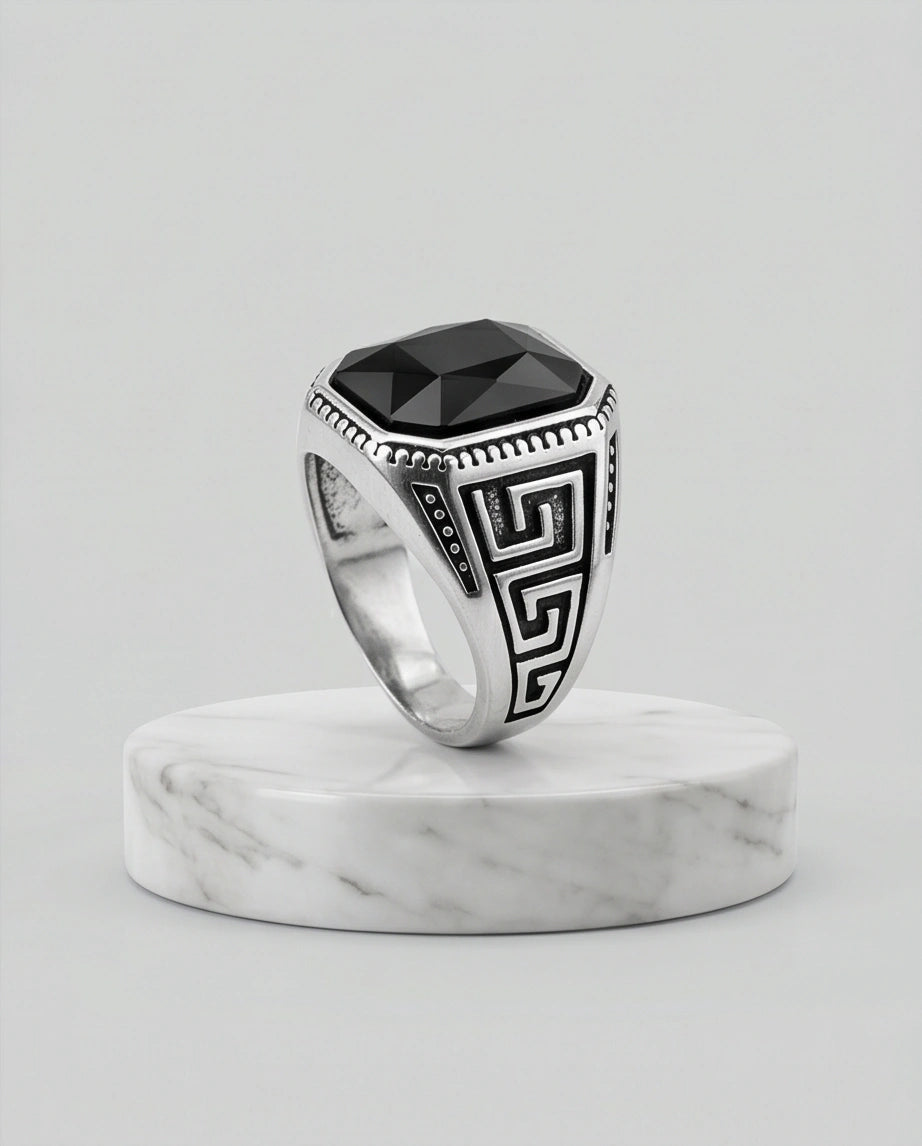 Vintage Greek Key Black Onyx Gemstone Ring