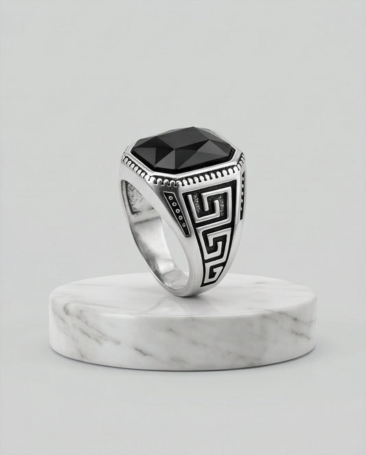 Vintage Greek Key Black Onyx Gemstone Ring