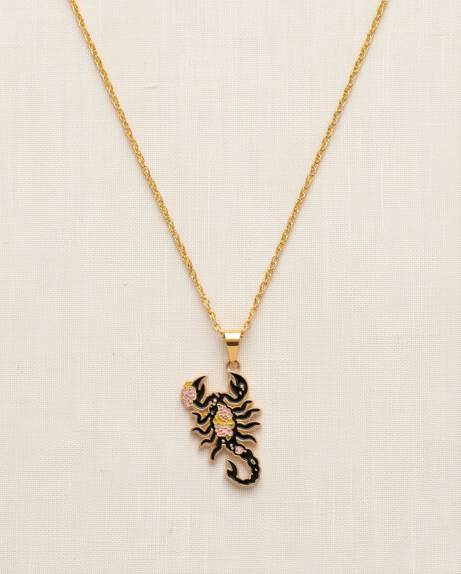 Gold Floral Scorpion Enamel Chain Necklace