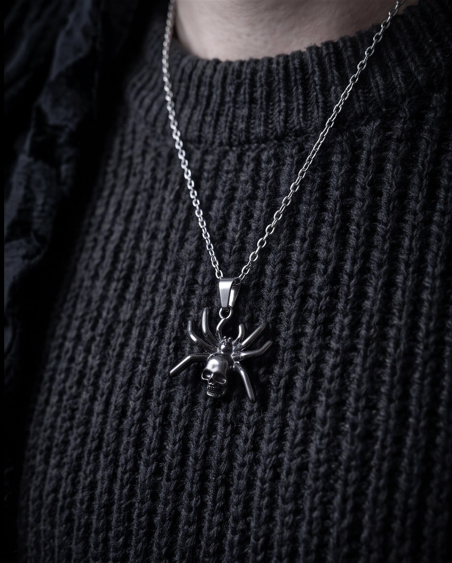 Black Spider Skull Motif Pendant Necklace