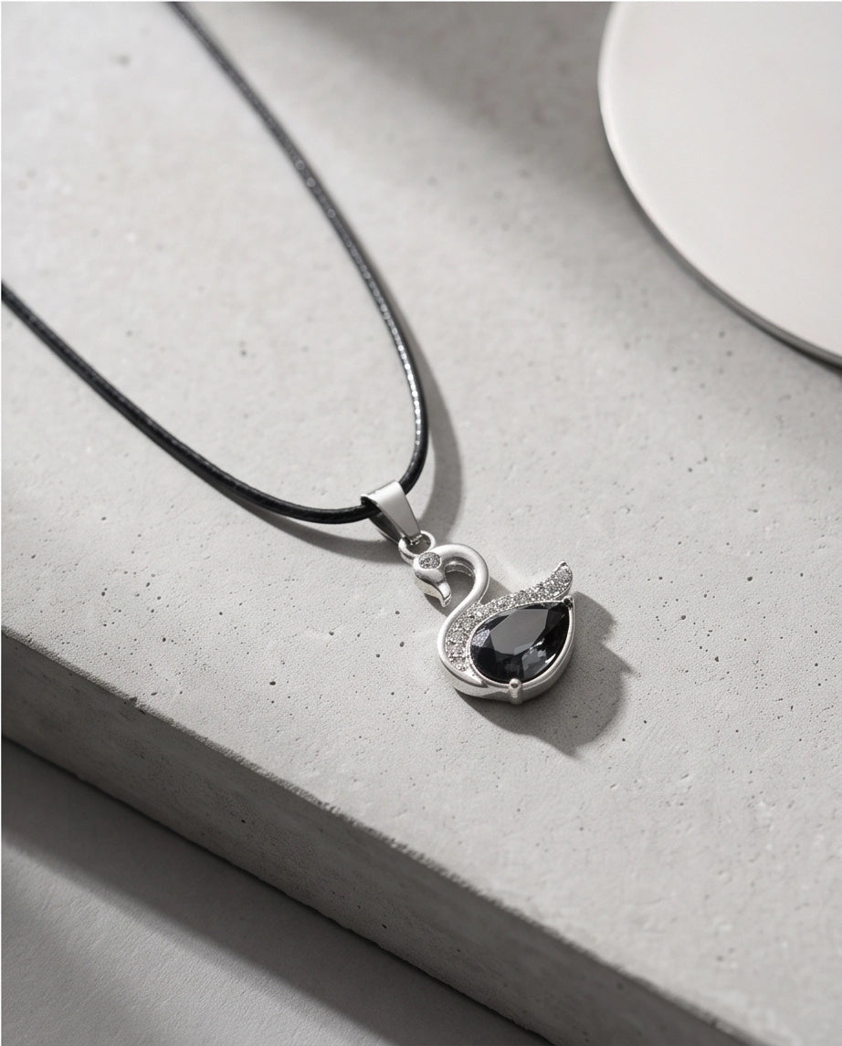 Silver Black Crystal Swan Pendant Necklace
