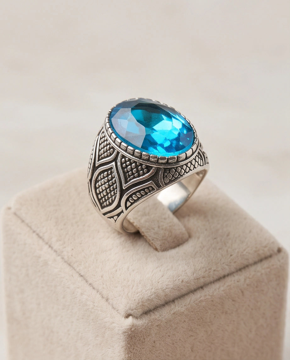 Aquamarine Gemstone Beaded Bezel Lattice Silver Ring