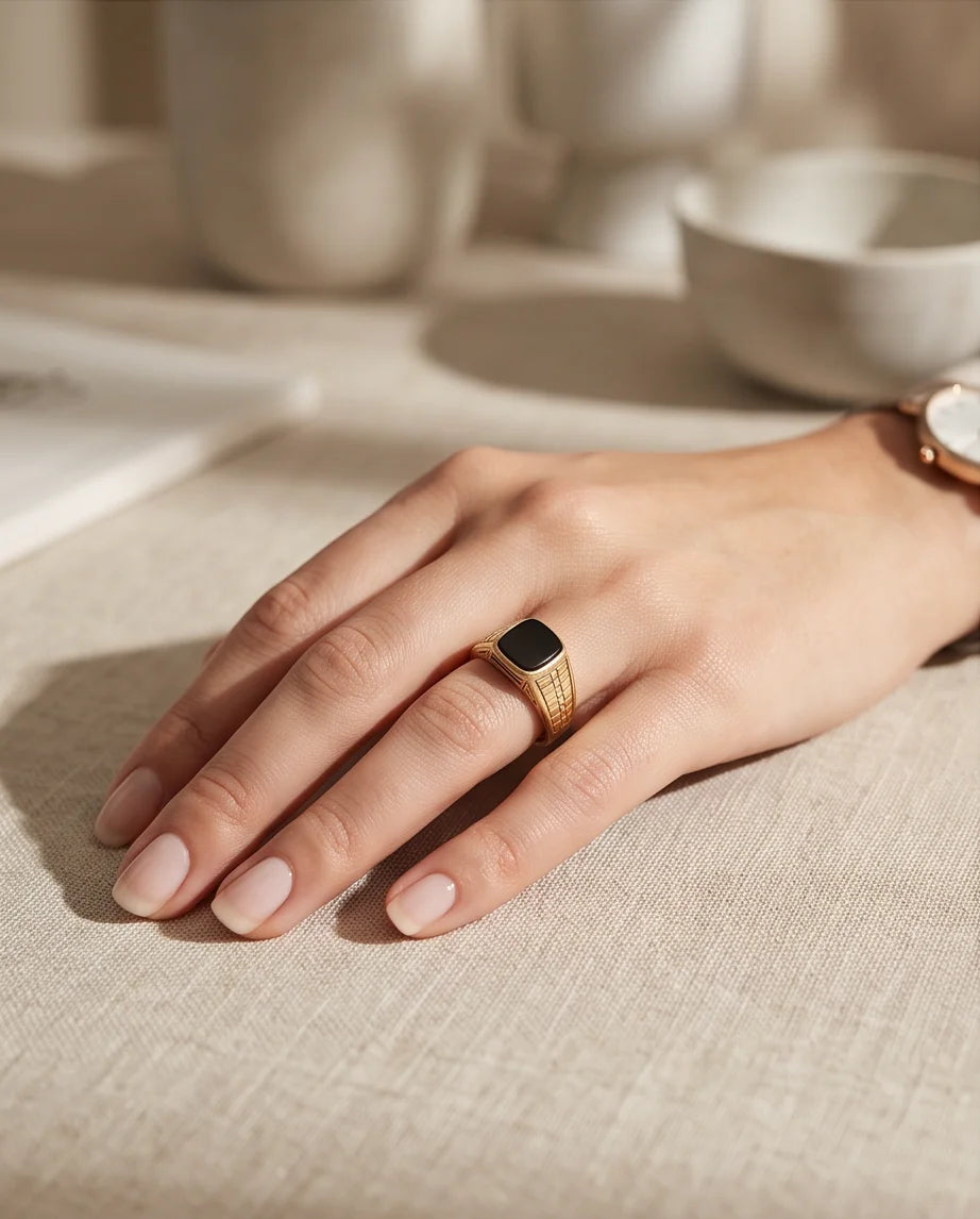 Onyx-Style Cushion Cabochon Geometric Block Gold Ring
