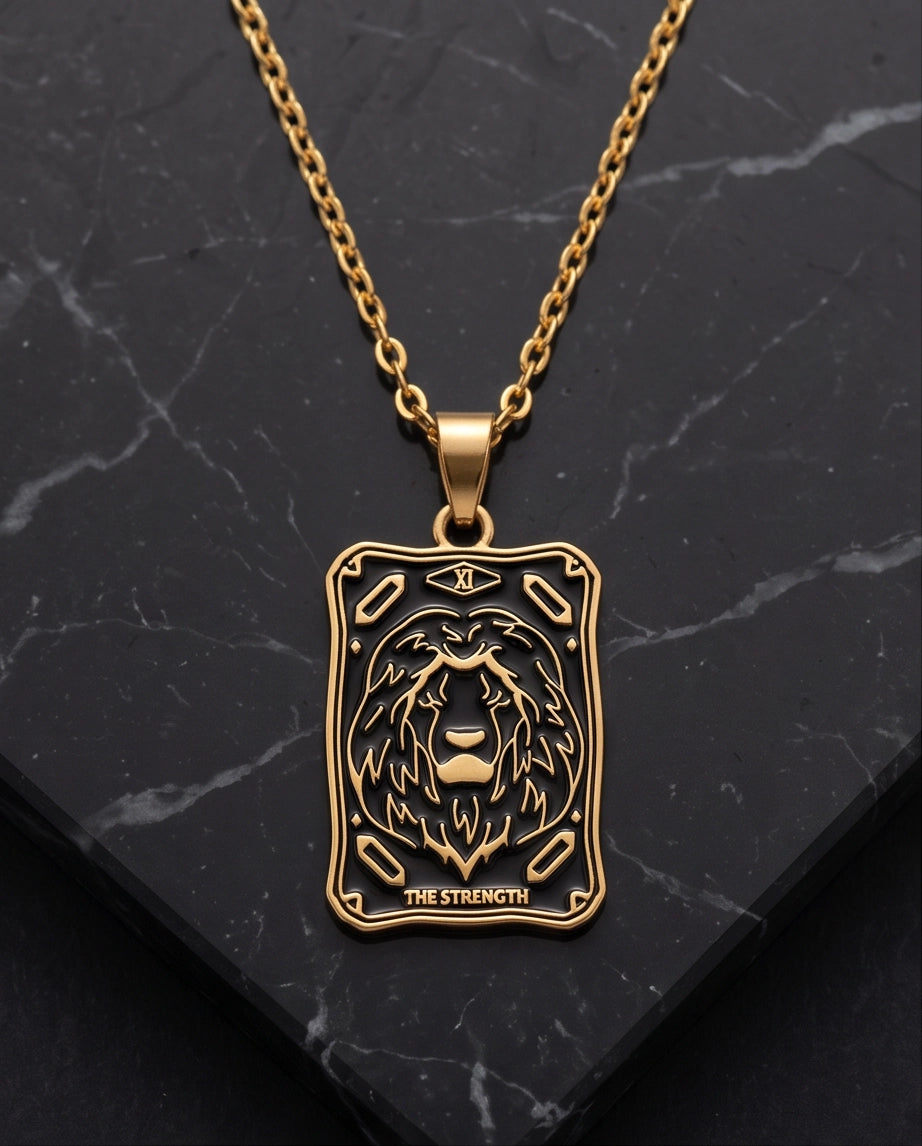 Gold "Strength" Lion Tarot Card Pendant Necklace