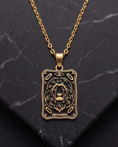 Gold "Strength" Lion Tarot Card Pendant Necklace