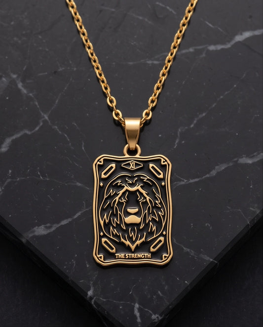 Gold "Strength" Lion Tarot Card Pendant Necklace