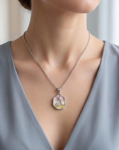 Silver Seashell Starfish Pearl Enamel Medallion Chain Necklace