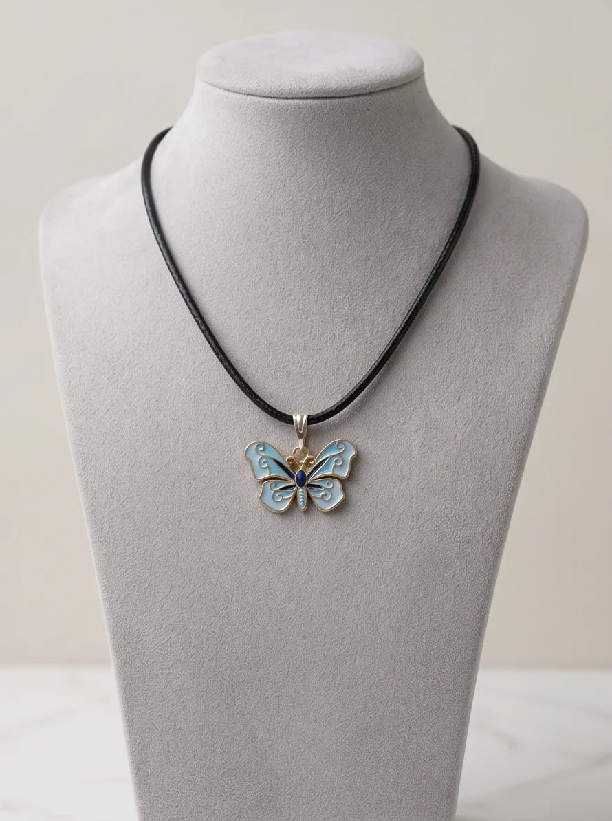 Blue Enamel Butterfly Pendant Necklace