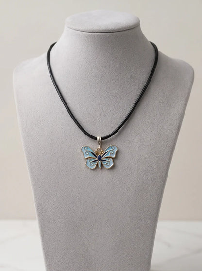 Blue Enamel Butterfly Pendant Necklace