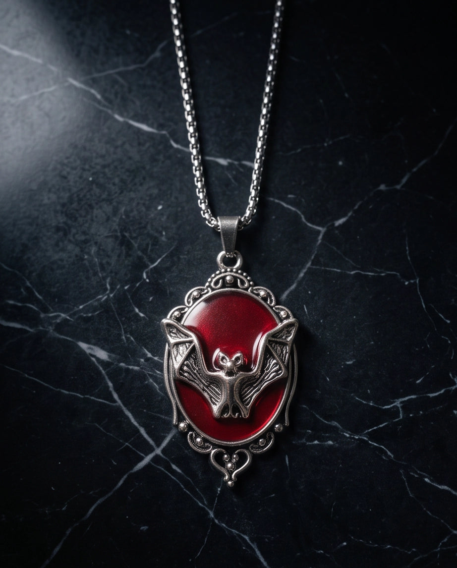 Antique Silver Gothic Bat Red Enamel Medallion Chain Necklace