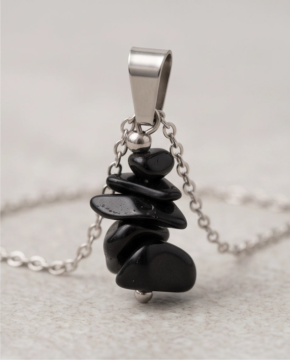 Silver Stacked Raw Black Obsidian Chip Stone Pendant Necklace