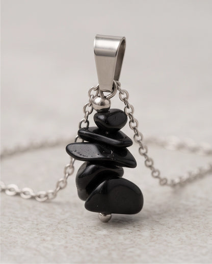 Silver Stacked Raw Black Obsidian Chip Stone Pendant Necklace