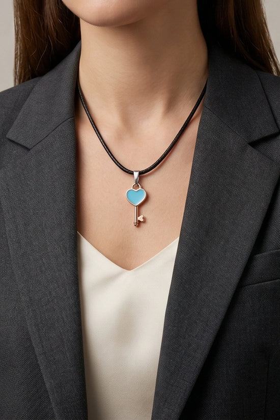 Gold and Turquoise Heart Key Pendant Necklace