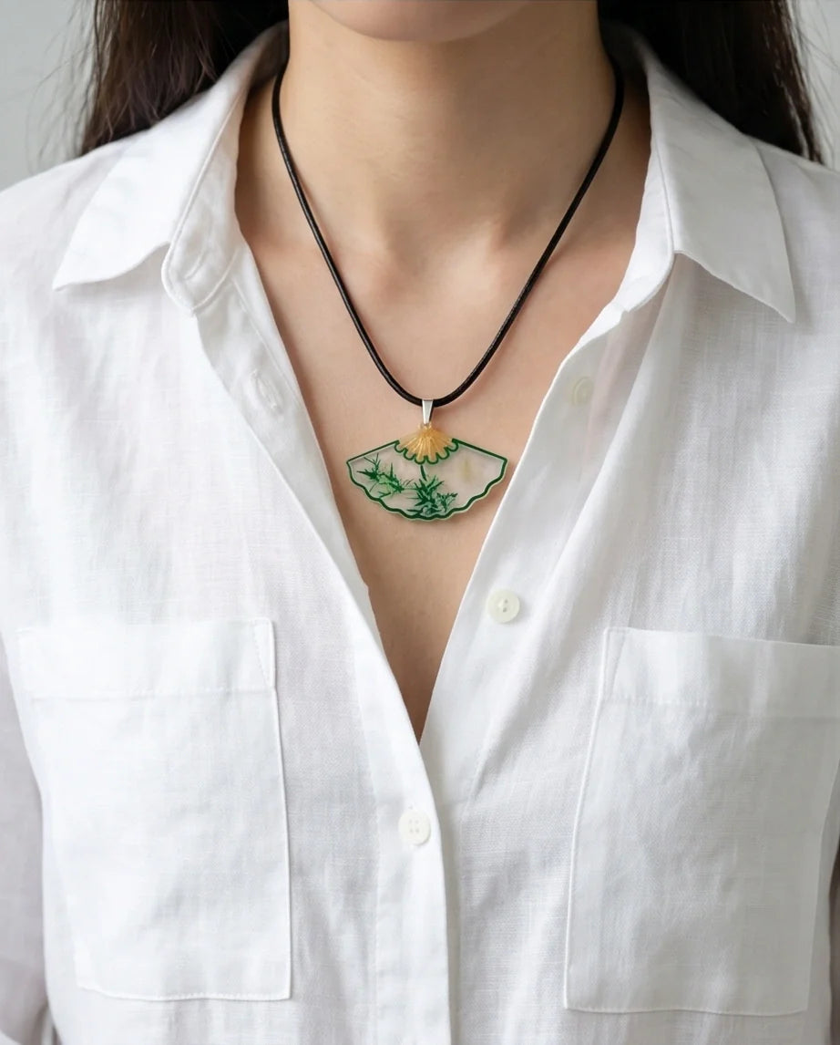 Artistic Green Bamboo Fan Pendant Necklace