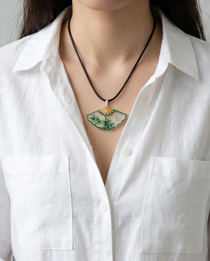 Artistic Green Bamboo Fan Pendant Necklace