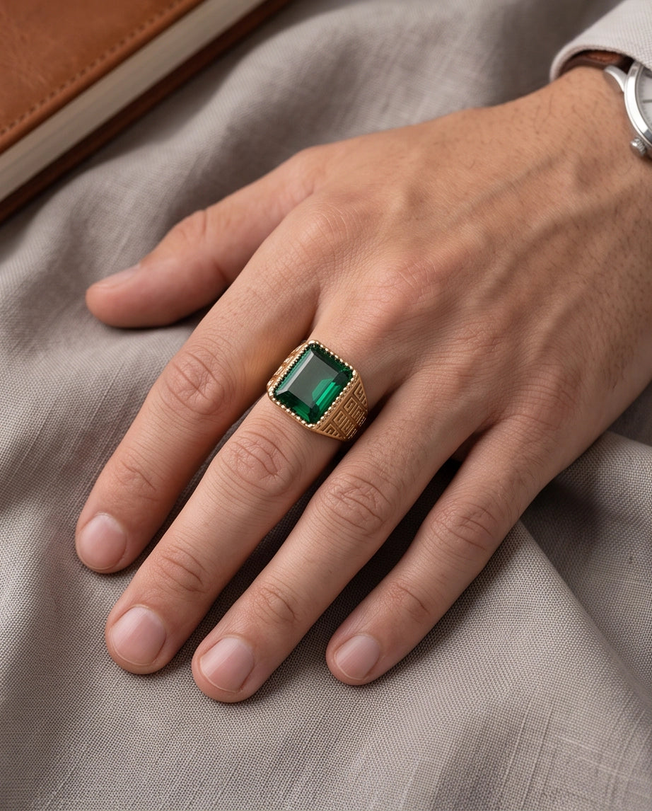 Emerald Cut Beaded-Rim Greek Key Gold Ring