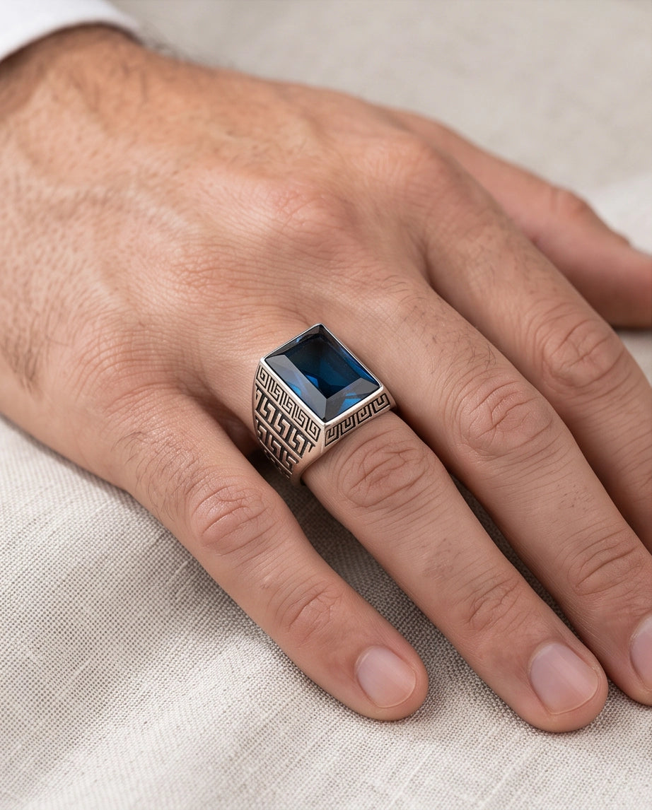Deep Sapphire Emerald-Cut Gemstone Greek Key Silver Ring