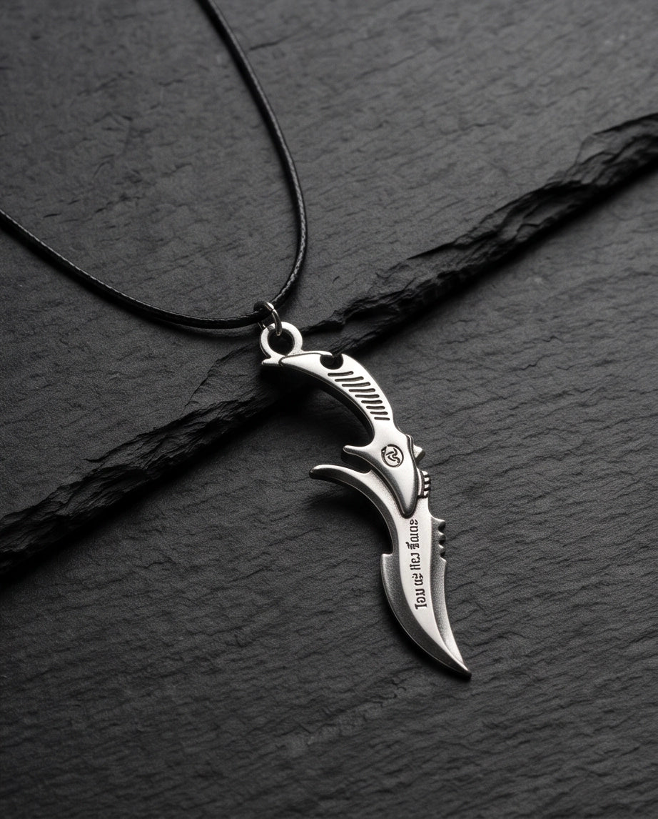 Engraved Silver Curved Dagger Cord Necklace