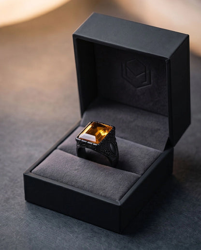 Matte Black Emerald-Cut Amber Citrine Signet Ring