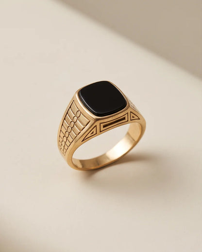 Onyx-Style Cushion Cabochon Geometric Block Gold Ring
