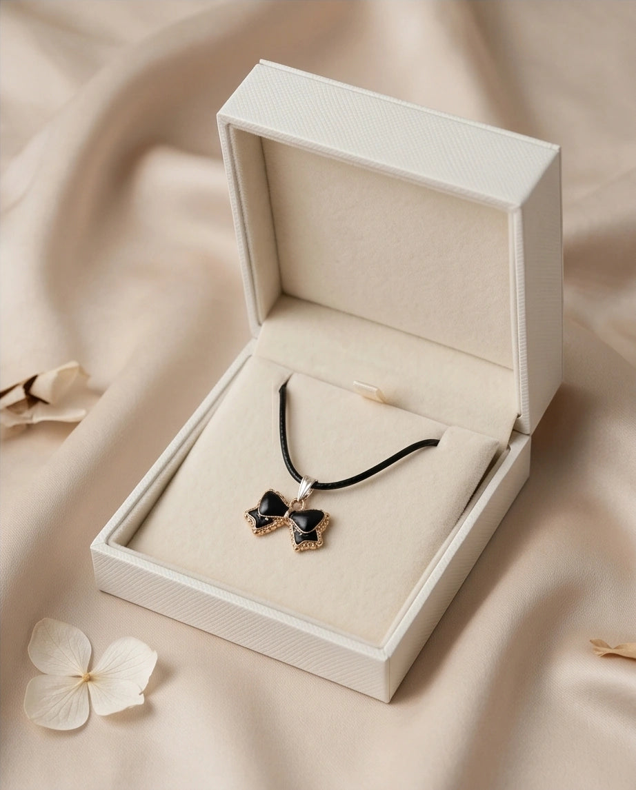 Gold and Black Ribbon Bow Necklace