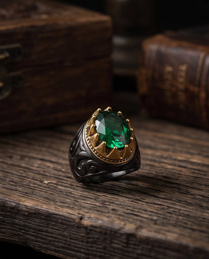 Imperial Emerald Crowned Filigree Signet Ring