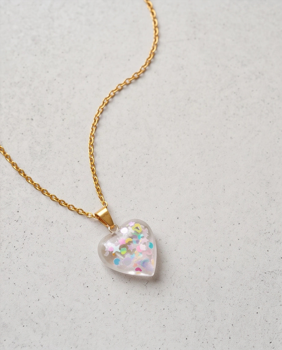 Silver Iridescent Confetti Clear Heart Resin Pendant Necklace