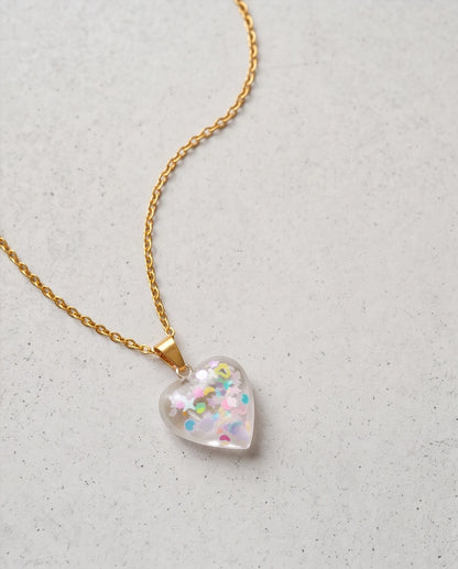 Silver Iridescent Confetti Clear Heart Resin Pendant Necklace
