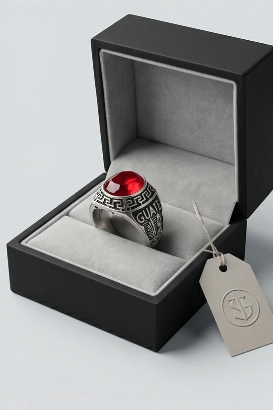 Vintage Greek Key Ruby Red Gemstone Ring