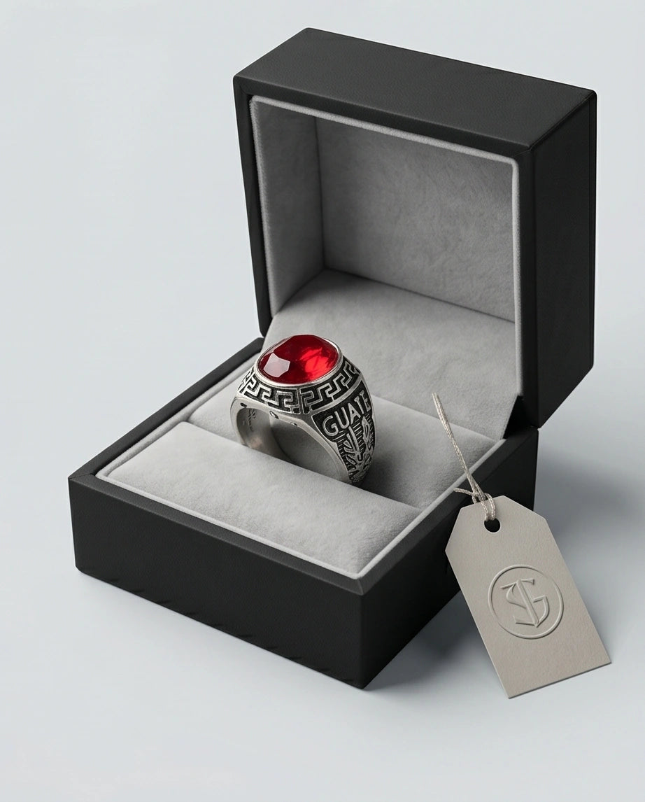 Vintage Greek Key Ruby Red Gemstone Ring