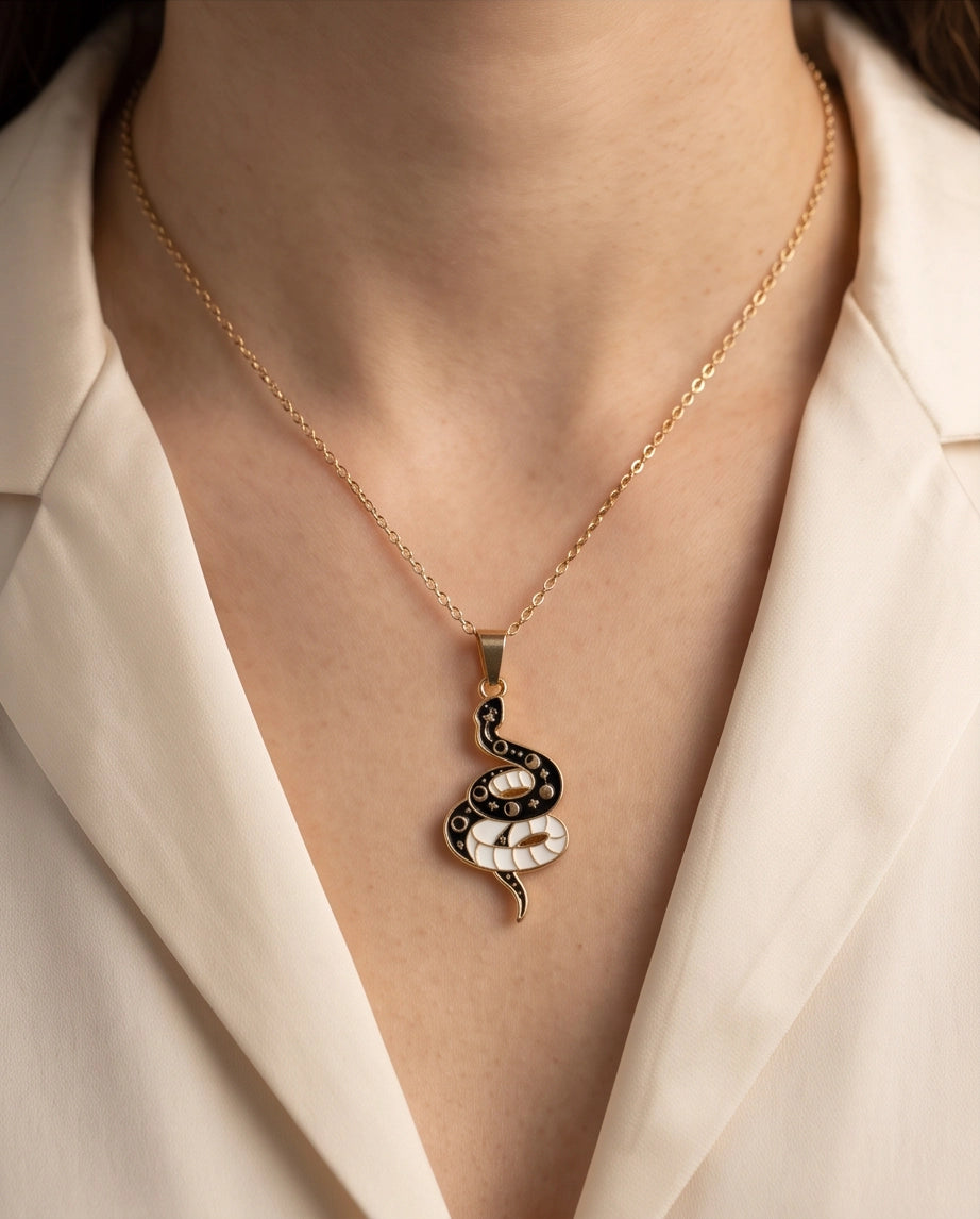 Gold Moon Phase Snake Enamel Pendant Necklace