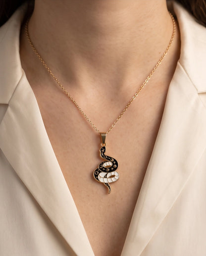 Gold Moon Phase Snake Enamel Pendant Necklace