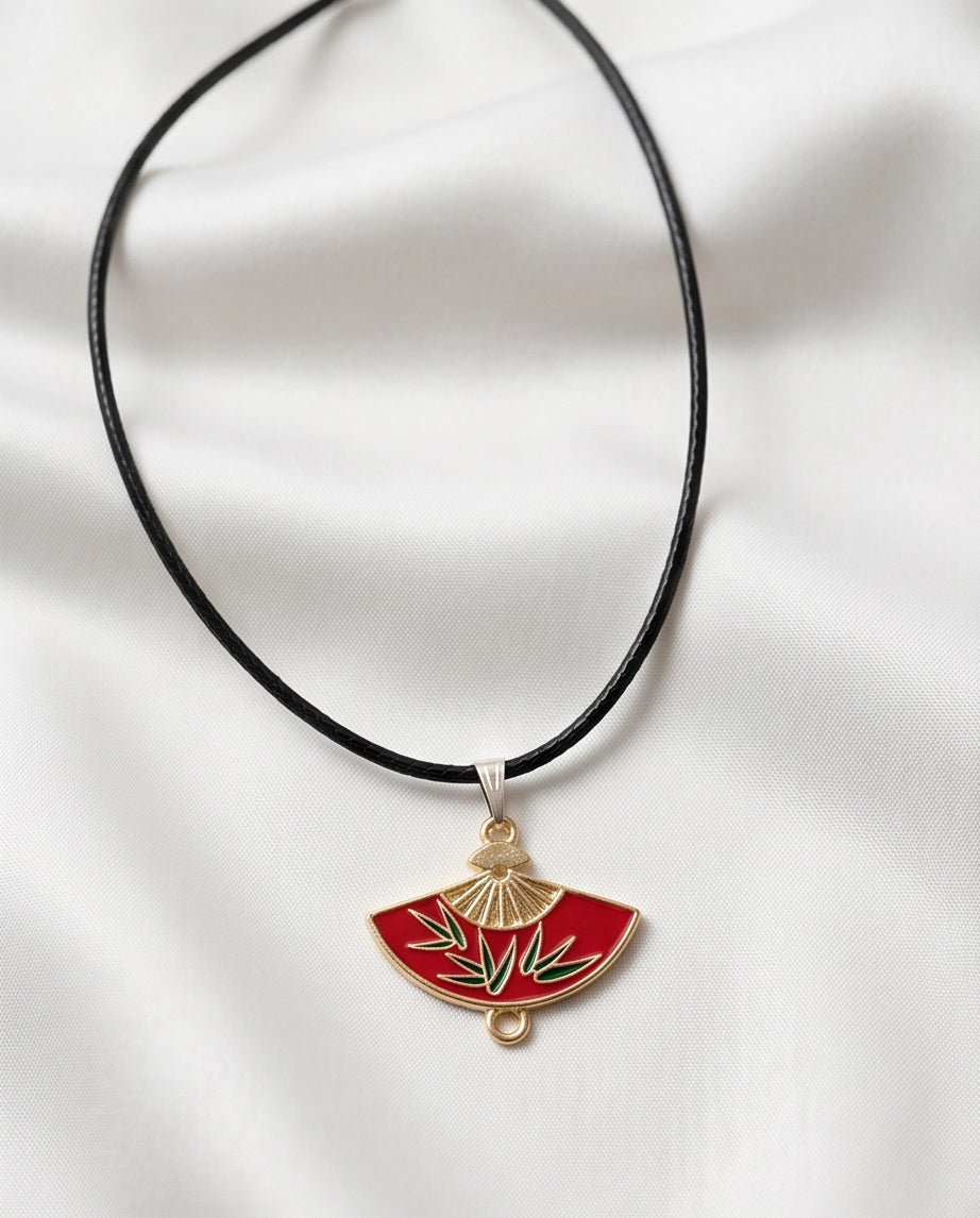 Crimson Bamboo Fan Pendant Necklace