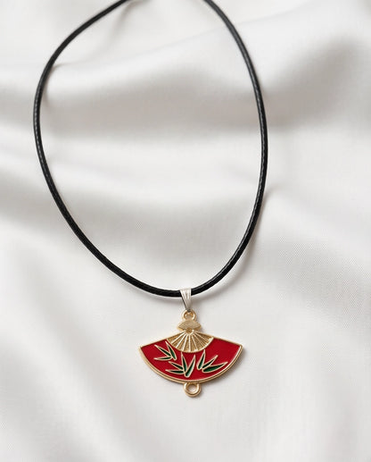 Crimson Bamboo Fan Pendant Necklace