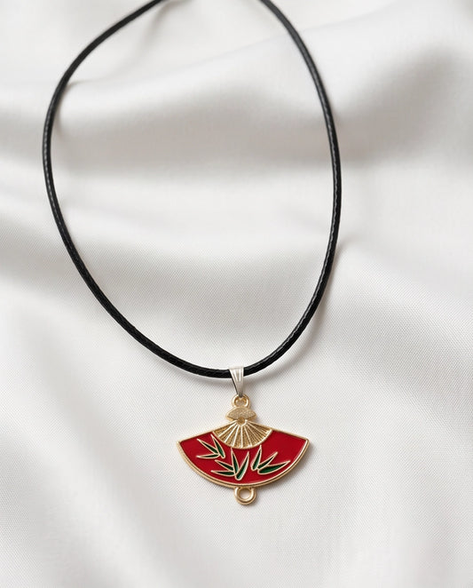 Crimson Bamboo Fan Pendant Necklace