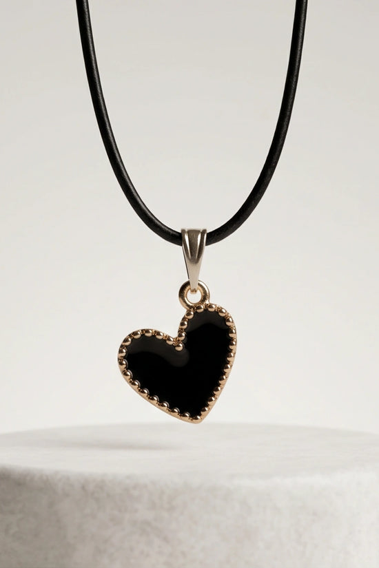 Gold Beaded Black Enamel Heart Necklace