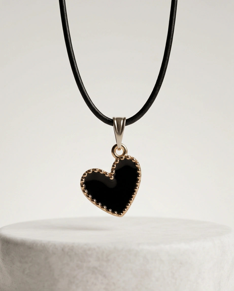 Gold Beaded Black Enamel Heart Necklace