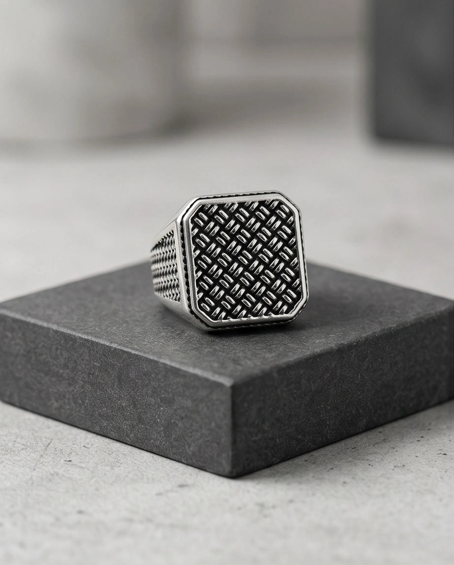 Oxidized Silver Basketweave Square Signet Ring