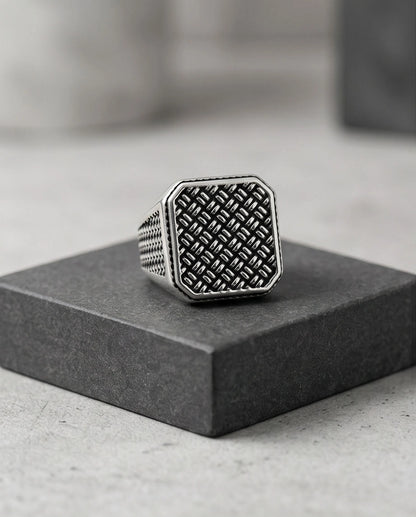 Oxidized Silver Basketweave Square Signet Ring