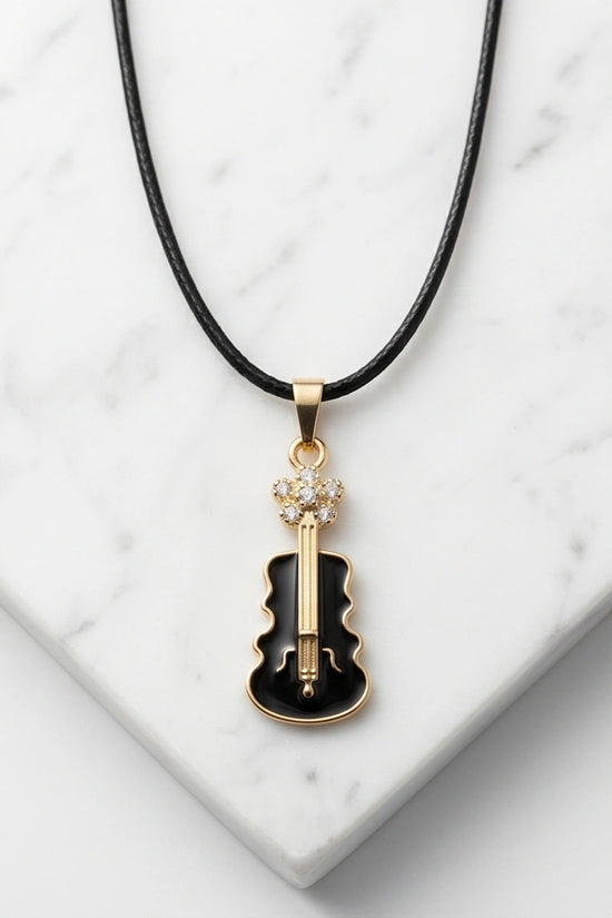 Gold and Black Enamel Violin Necklace